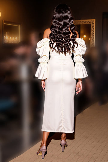 Off The Shoulder White Sheath Midi Cocktail Dress With Slit